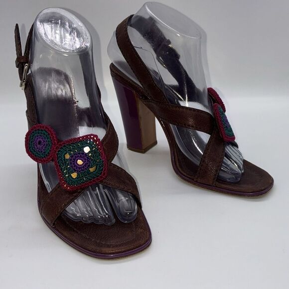 🔅 PRADA Classic VTG Leather Slingback Sandals Brown & Pink Crochet Accents🔅 - Picture 13 of 17